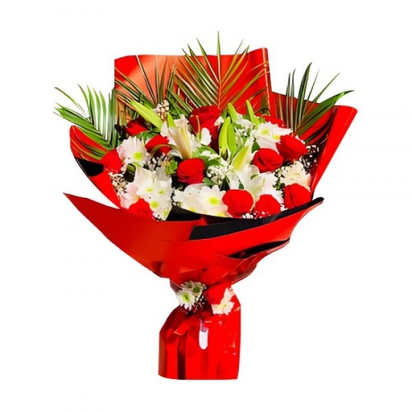 Kırmızı Gül Lilyum ve Papatya Buketi (~40 cm)