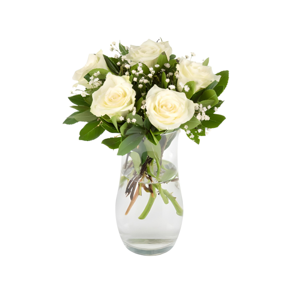 Silindir Cam Vazoda Beyaz Güller (5'li - ~35 cm)