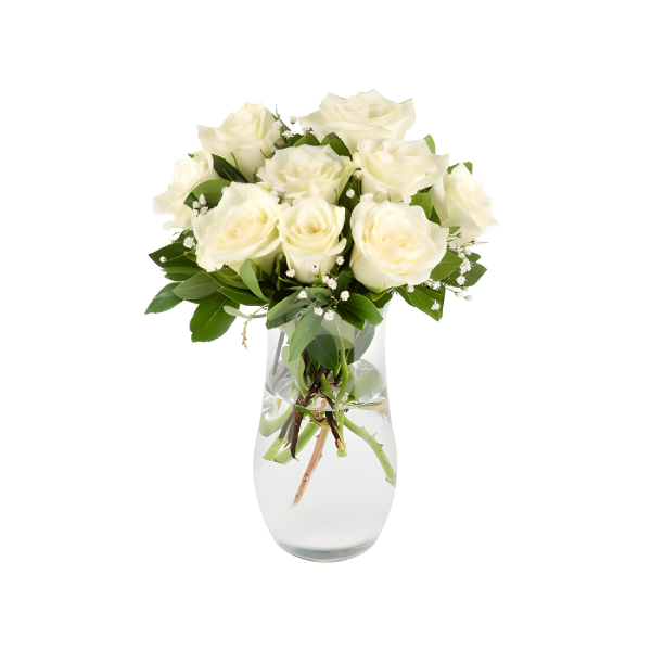 Silindir Cam Vazoda Beyaz Güller (9'lu - ~35 cm)