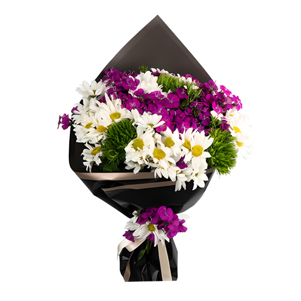 Siyah Ambalajda Mor Hüsnüyusuflar ve Beyaz Papatyalar Buket (~ 53 cm)